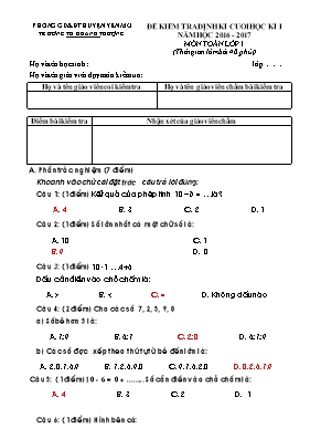 Đề kiểm tra định kì cuối học kì I Toán lớp 1- Năm học 2016-2017 - Trường Tiểu học Khánh Thượng